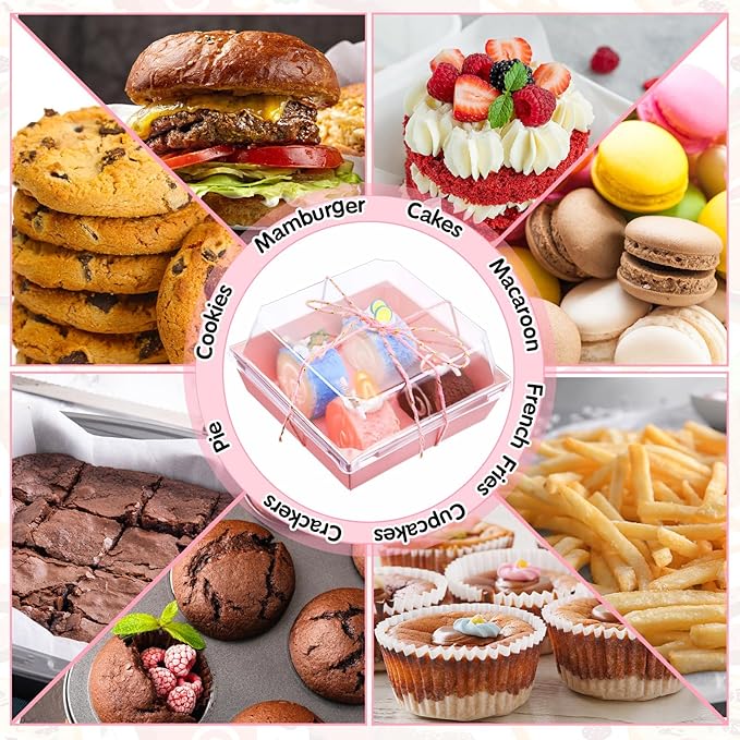Ctosree 100 Pcs Paper Charcuterie Boxes with Clear Lids 4.5 Inches Disposable Cake Square Dessert Container Bakery Boxes Bundle with Rope for Food Cake Slice Cookie Sandwich Dessert(Pink)