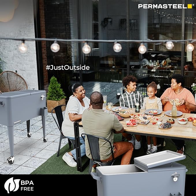 Permasteel 80 Quart Party Cooler, Rolling Ice Chest with Wheels and Handles for Indoor Outdoor Patio
