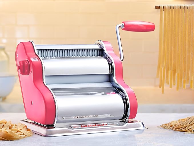 PASTALINDAClassic 200 Pasta Maker Machine, 20 cm Wide Rollers, 9 Thickness Positions, 2 Cutting Positions, Stainless Steel. Includes Reinforced Hand Crank And Two Clamps (Coral)