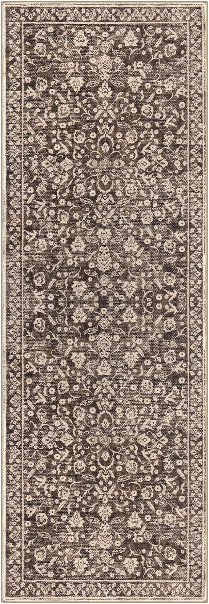 Vintage Washable 2x5 Rug Runner, Rust Brown Red Runners for hallways, Super Soft Kitchen Runner Rug Non Slip, Print Faux Wool Floral Thin Carpet Runner for Entryway Indoor Bedroom