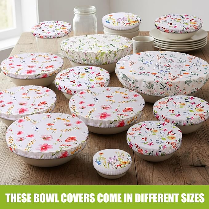 Patelai 10 Pcs Bowl Covers Reusable in 5 Size Stretch Cloth Fabric Elastic Food Storage Bowl Covers Bread Sourdough Lids for Proofing Food Fruits Leftover (Spring Style)