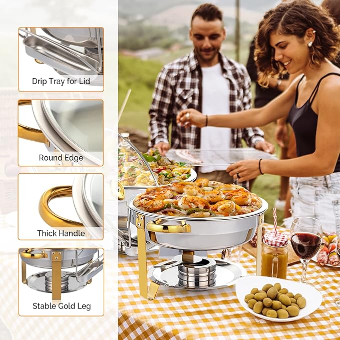 ROVSUN 5QT 8 Pack Chafing Dish Set Gold Accent, Round NSF Stainless Steel Buffet Warmer Chafers with Glass Lid & Lid Holder for Catering Events Parties Weddings Dinners