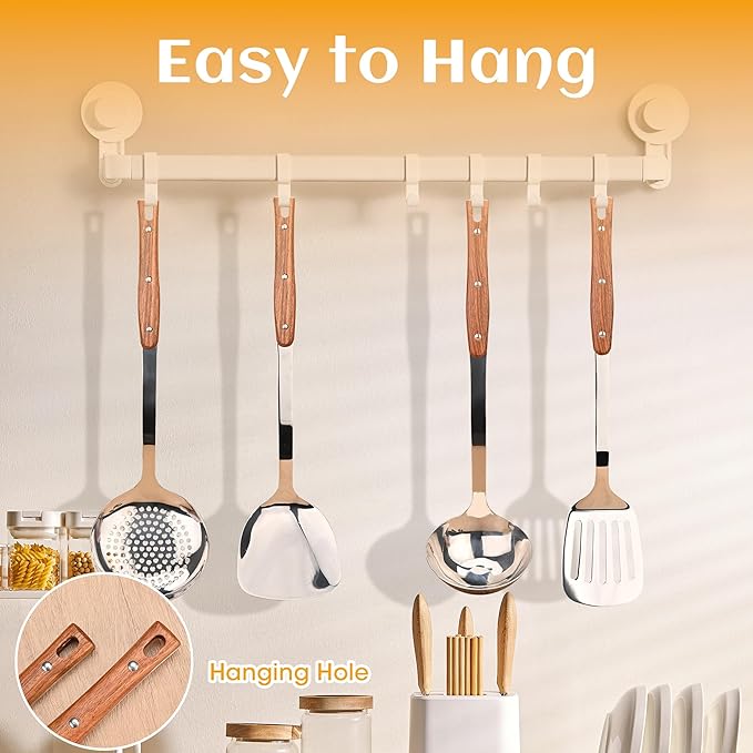 FJNATINH 4Pcs Kitchen Utensils Set, Heat Resistant Wok Spatulas, Stainless Steel Ladle, Skimmer Spoon, Slotted Turners, Metal Wok Utensil Tools for Serving, Cooking, Stirring, Soup, Turning