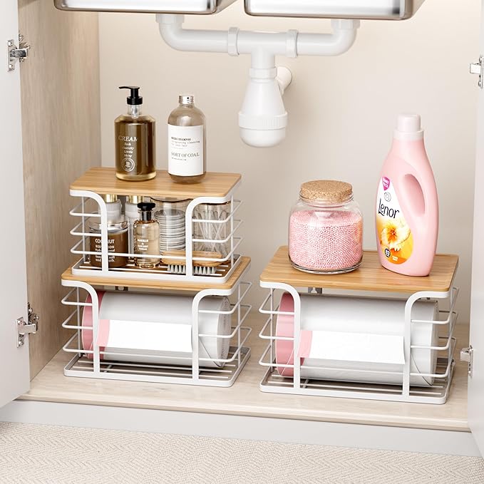 3 Pack Stackable Pantry Organizer,Stainless Steel Trash Bag Holder Dispenser,Kitchen Storage Organization for Kitchen Counter Sink,Laundry Room,Pantry, White