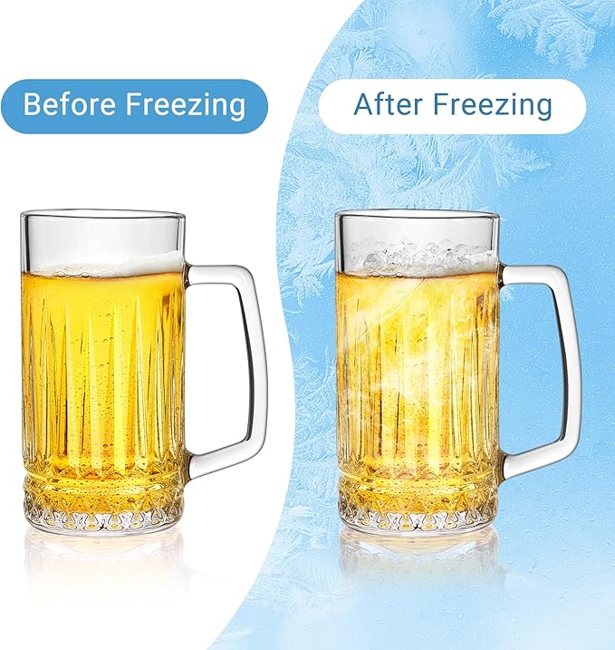 Beer Mug Set of 2, 20oz Crystal Beer Glasses with Handle, Glass Beer Mugs for Freezer, Gifts for Men