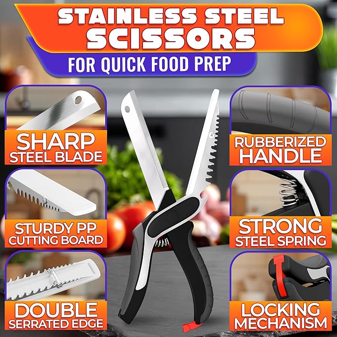 6-in-1 Cutting Board Scissors – Kitchen Shears Heavy Duty with Built-In Mini Board, Ribbed No-Slip Blade, Spring-Assist, Safety Lock & Dishwasher-Safe Design – Meat Scissors for Veggies, Fruits, Fish