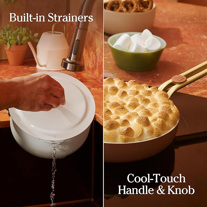 Our Place Essential Cookware Set – 11-Piece Ceramic Nonstick Set with 10" Frypan, Saucepan, Saute Pan, Stock Pot, Storage Racks and Strainer with Thermakind™ | Oven Safe up to 450°F | Cream