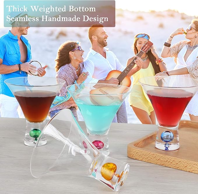 Martini Glasses Set of 4 - Christmas Gift Stemless Crystal Margarita Glasses 6oz Hand Blown Colored Cocktail Glasses Great for Martini, Margarita - Color Will Not Leak Off-Hand Wash Only