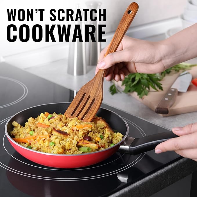 Zulay Kitchen Teak Wood Slotted Spatula – Durable & Heat-Resistant Cooking Utensil for Non-Stick Pans – Wooden Turner for Stirring, Flipping & Serving - Brown