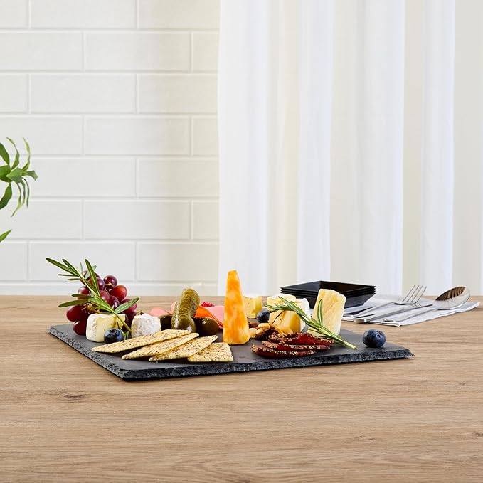 Restaurantware Slate Serving Tray 1 Pack of 12 x 12" Foam Feet Charcuterie Stone Plate Rustic Edges Freezable Black Square Serving Display Cheese Board for Kitchen, Gourmet, Dining, Parties