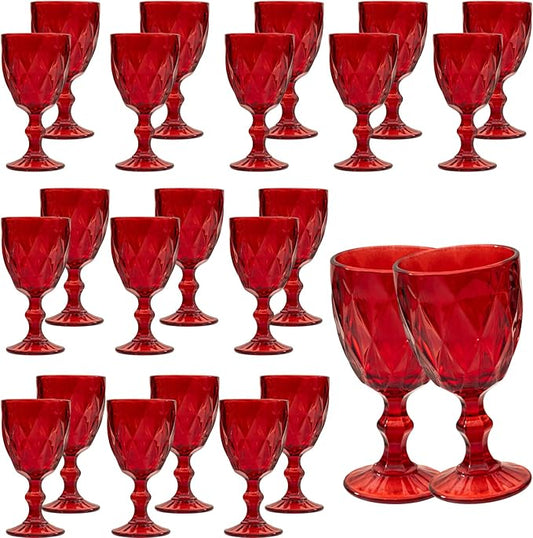 24 Pcs Vintage Wine Glasses, 10 Ounce Colored Glass Water Goblets, Unique Embossed Pattern High Clear Stemmed Glassware Wedding Party Bar Glass Drinking Cups Fancy Wine Glasses Red Set of 24