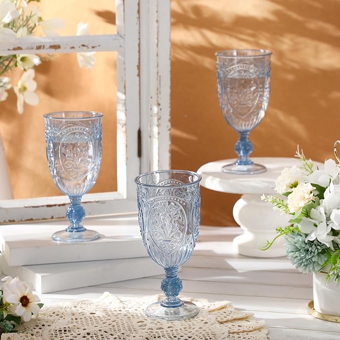 18 Pack Plastic Goblets 10oz Upgrade Vintage Water Goblet Plastic Wine Glasses Colored Retro Embossed Glassware for Party Wine Bar Juice Baby Shower Wedding Reception Grand (Blue)