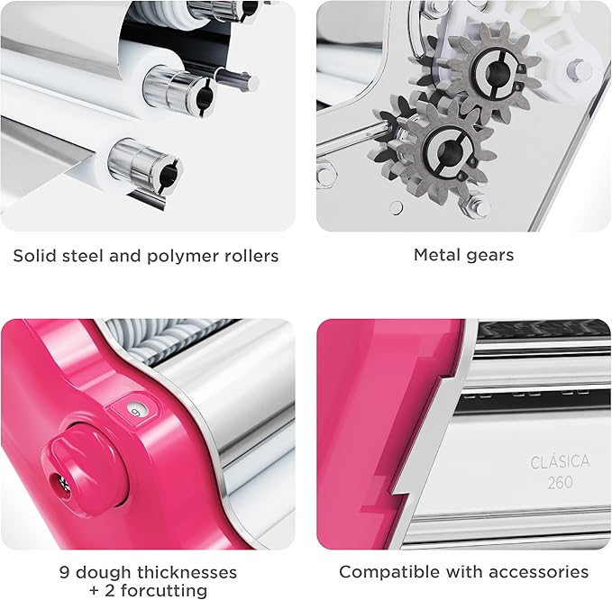 PASTALINDA Classic 260 Pasta Maker Machine, 26 cm Wide Rollers, 9 Thickness Positions, 2 Cutting Positions, Stainless Steel. Includes Reinforced Hand Crank And Two Clamps (Fuchsia)