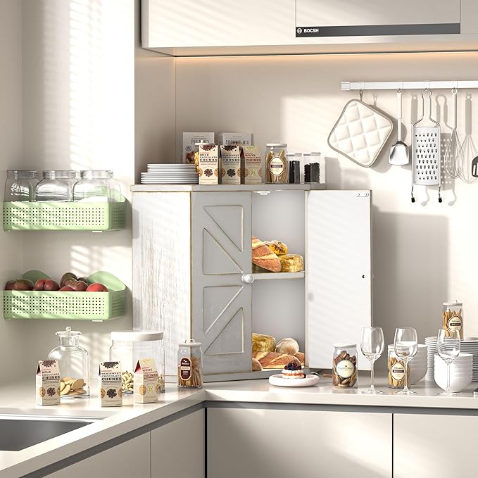 Corner Bread Box for Kitchen Countertop, Storage Container for Homemade Bread, Double Layer BreadBox, Large Capacity Bread Storage Bin, Vintage Farmhouse Breadbox Organizer,Antique White