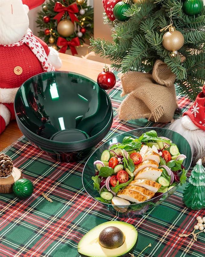 bUCLA 12 Pack Clear Green Plastic Serving Bowls - 20 OZ Christmas Angled Serving Bowls Disposable for Chip, Candy, Salad & Fruit - Ideal for X’mas Party