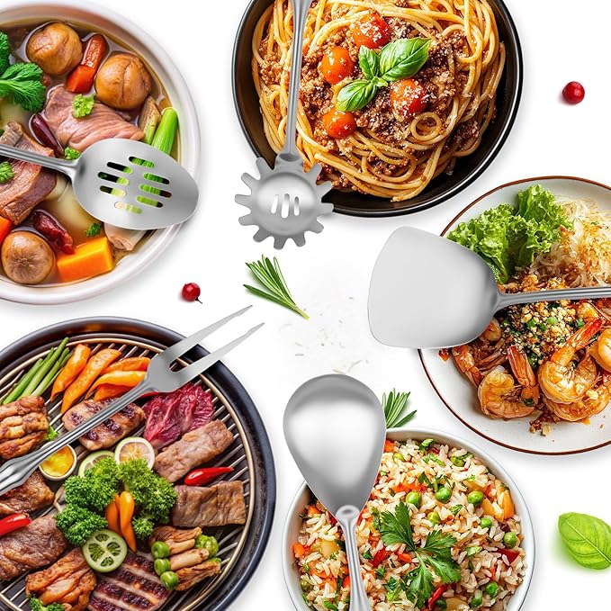 18/10 Stainless Steel Kitchen Utensils Set,9pcs Metal Cooking Utensils Set Cookware for Wok Tools,14 inch Long Heavy Duty Kitchen Tools Set for Chef