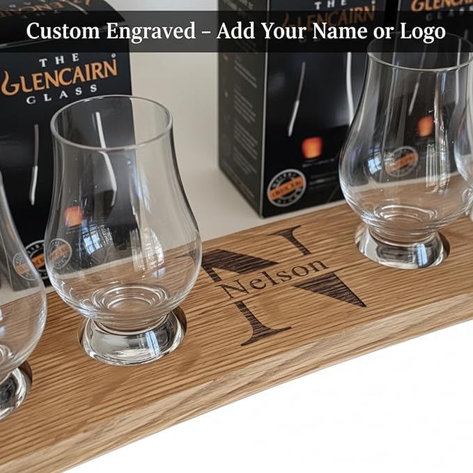 Personalized Premium 4 glass whiskey flight/engraved center/personalized gift/Crystal glass option/Natural oak color (Split Letter monogram)