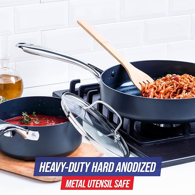 Blue Diamond Cookware Hard Anodized Ceramic Nonstick, 10 Piece Cookware Pots and Pans Set, Non-Toxic PFAS-Free, Dishwasher and Oven Safe, Durable, Even Heating, Metal Utensil Safe, Gray