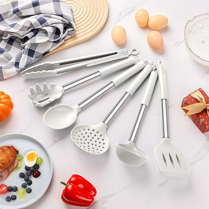 LIANYU Silicone Cooking Utensils Set, 6 Piece Kitchen Cooking Utensils Set, Heat Resistant Kitchen Spatula Gadgets Tools for Nonstick Cookware, Stainless Steel Handle, Dishwasher Safe, White