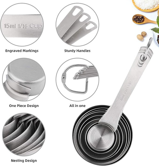 Measuring Cups Set, 18/8 (304) Stainless Steel Measuring Cups Set 9, Metal 8 Measuring Cups with 1 Magnetic Conversion Chart, Metric Measuring Cups with 1/8 & 3/4 Cup for Baking & Kitchen