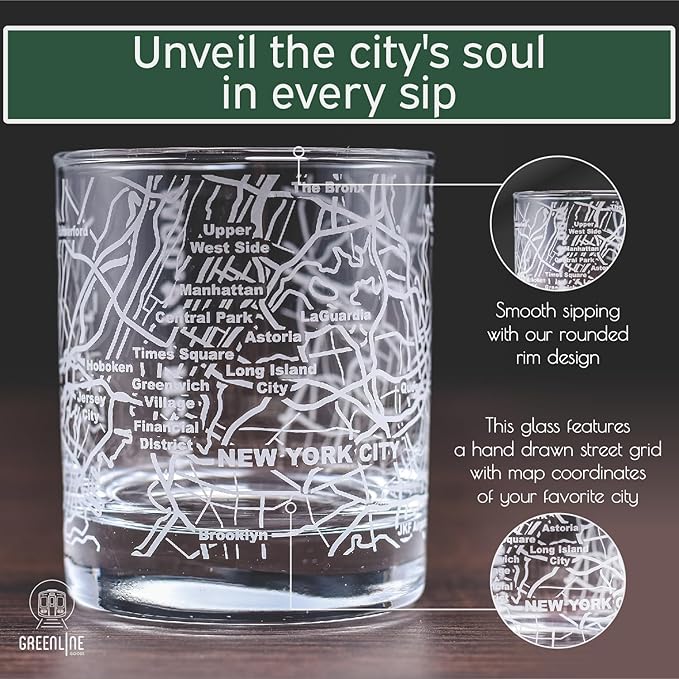 Greenline Goods Whiskey Glasses - 10 Oz Tumbler Gift Set for New York City lovers, Etched with New York City Map | Old Fashioned Rocks Glass - Set of 2