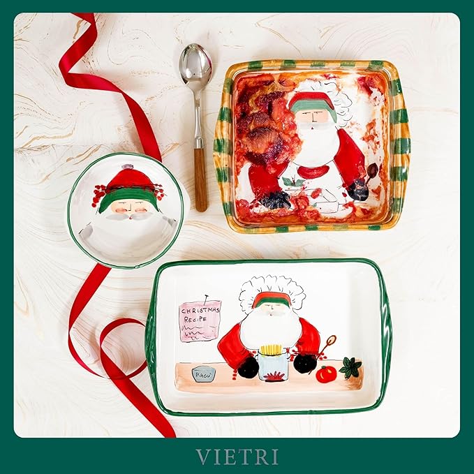 Vietri Old St. Nick Square Baker w/Chef, Christmas Oven Baking Dish, Earthenware Bake & Serve Pan