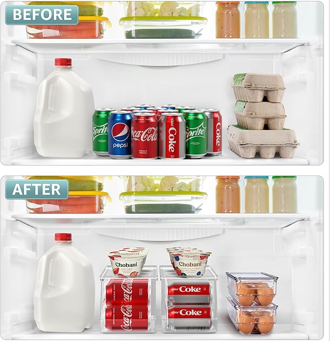 Sorbus Soda Can Organizer for Refrigerator & Egg Holder for Fridge Set, 2 Stackable Can Holder Dispenser Holds 12 Cans Each & 2 Egg Holders with Lid holds 14 eggs for Fridge, Pantry, Freezer, BPA-Free