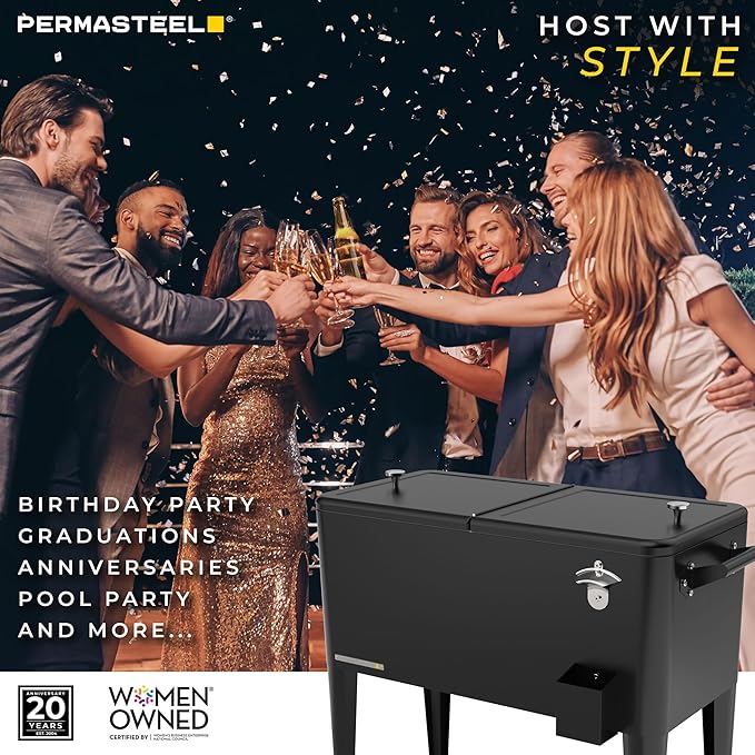 Permasteel 80 Quart Party Cooler, Rolling Ice Chest with Wheels and Handles for Indoor Outdoor Patio