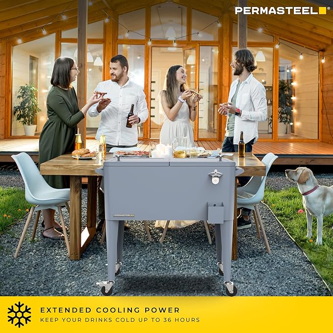 Permasteel 80 Quart Party Cooler, Rolling Ice Chest with Wheels and Handles for Indoor Outdoor Patio