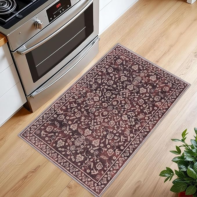Vintage Entryway Rug Indoor, Deep Burgundy Washable Rug 2x3, Small Area Rug with Non-Slip Backing, Floral Print, Thin Faux Wool Super Soft Door Mat for Kitchen, Entrance, Bedroom, Office