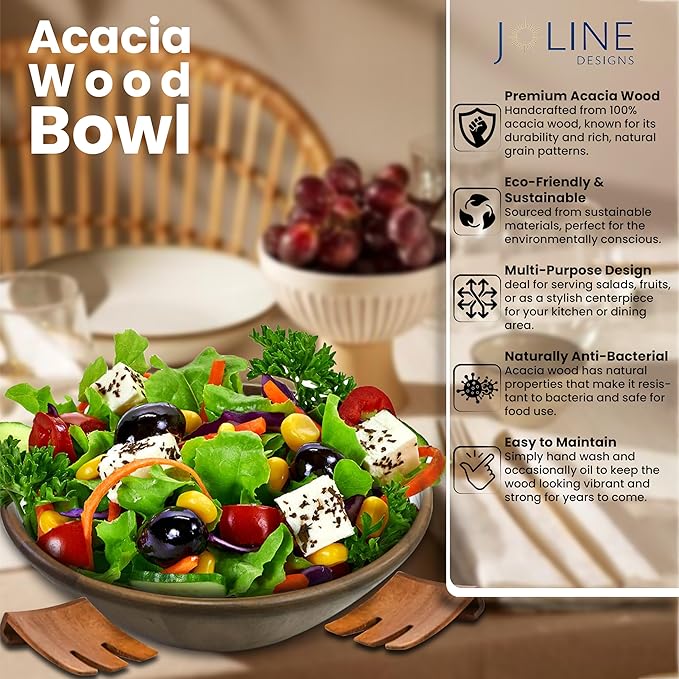 Acacia Wood Salad Serving Bowl Set – Large Wooden Bowl with Forks for Salads, Fruits & Meals – Easy to Clean, Food-Safe, Perfect for Entertaining & Gift Giving