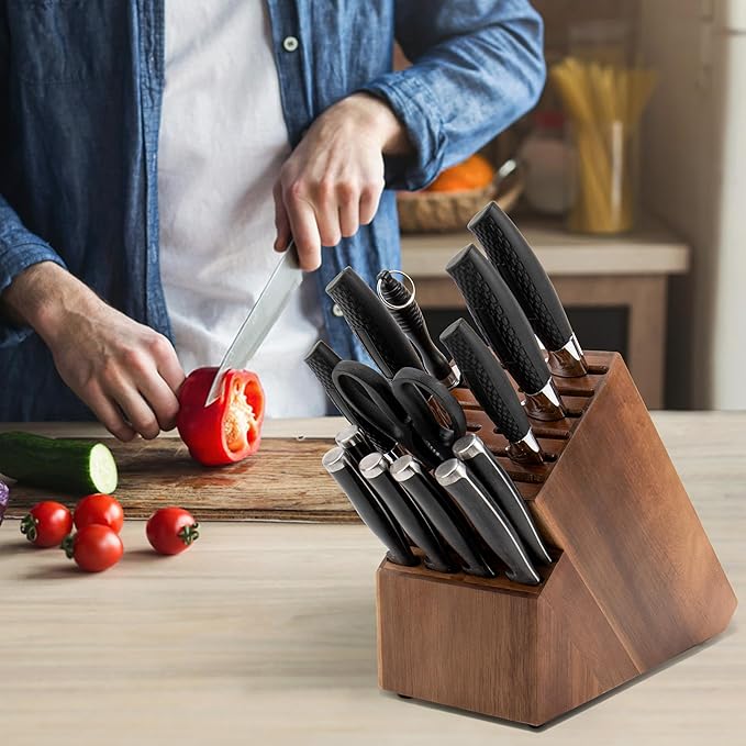 20 Slot Knife Block Storage without Knives,Acacia Wood Universal Knife Holder for Kitchen Countertop,Large Butcher Block Organizer,Easy Kitchen Knife Storage (Brown)