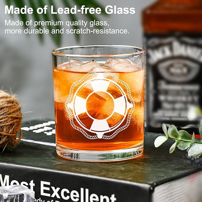 Futtumy Set of 4 Boat Whiskey Glass, Boating Gifts for Men, Nautical Gifts for Boat Lovers Owners Sailors, Anchor Compass Helm Life Ring Rock Glass for Birthday Christmas, 10oz