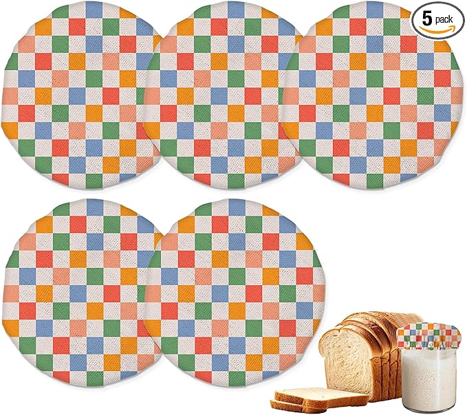 Colorful Checkered Sourdough Starter Jar Covers Reusable,Breathable Fabric Lids for Mason Jars,Wide Mouth and Regular Mouth(5 Pack)