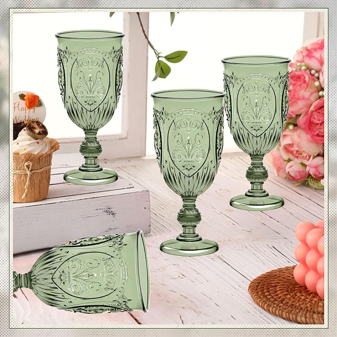 24 Pcs Plastic Goblets 7.5oz Vintage Goblet Plastic Wine Glasses Colored Retro Embossed Water Goblets for Wine Bar Juice Baby Shower Wedding Reception Grand Event Party (Olive Green)
