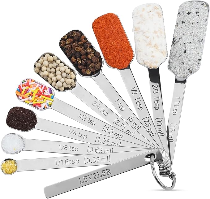 Measuring Spoons Set, 18/8 Stainless Steel Measuring Spoons, Heavy Duty Narrow Metal Measure Spoon with Long Handle, Metric & US Engraved Measurements Set 9 Fits in Spice Jars for Dry or Liquid