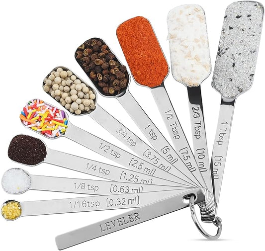 Measuring Spoons Set, 18/8 Stainless Steel Measuring Spoons, Heavy Duty Narrow Metal Measure Spoon with Long Handle, Metric & US Engraved Measurements Set 9 Fits in Spice Jars for Dry or Liquid