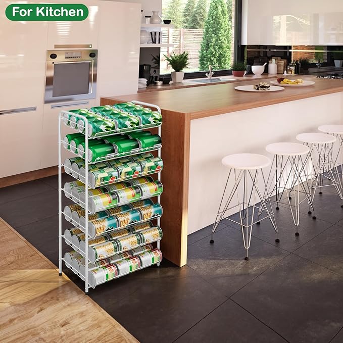 Vrisa Can Organizer for Pantry 7 Tier Canned Food Organizer Can Storage Rack Holds Up to 84 Cans Rolling Soda Soup Vegetable Can Goods Dispenser Shelf for Kitchen Pantry Cabinet, White