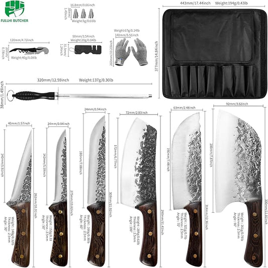 FULLHI 12pcs Chef/Butcher Fish Knife Set, High Carbon Steel Hand Forged Boning bbq Knife Set With Bag for Kitchen, Camping, BBQ