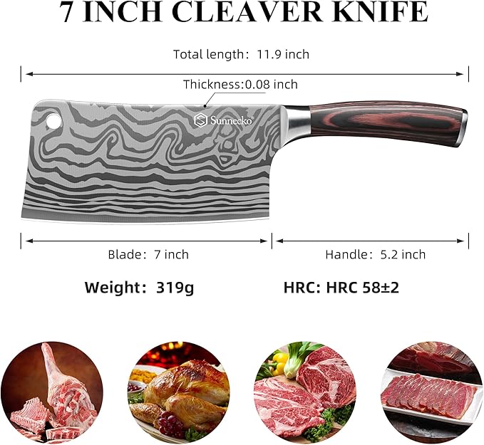 Sunnecko 7 Inch Cleaver Knife, High Carbon Stainless Steel Chinese Cleaver with Wooden Handle,Razor Sharp Meat Cleaver for Home and Kitchen