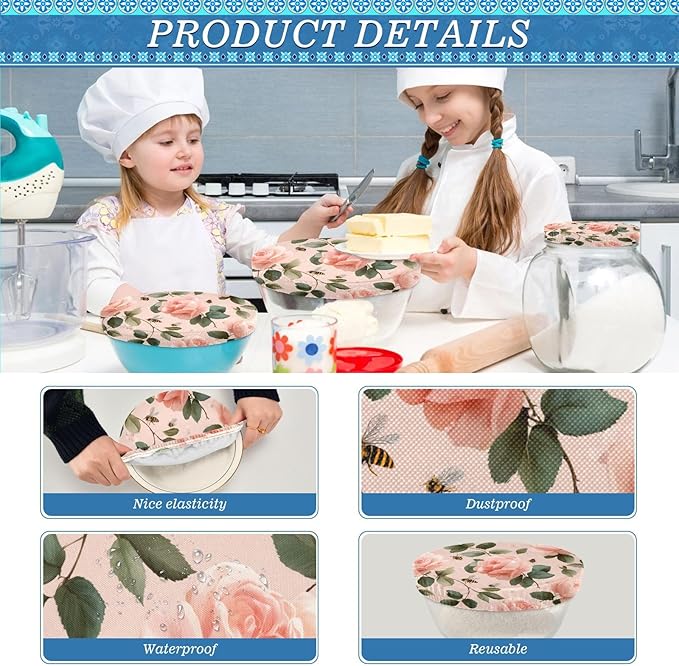5 Pcs Bowl Covers Reusable in 5 Size Elastic Food Cover Cloth Lids Fresh Keeping Dish Cookware Bakeware Fabric Covers Lids for Food Leftovers Fruits Storage Pastel Pink Rose and Honeybees