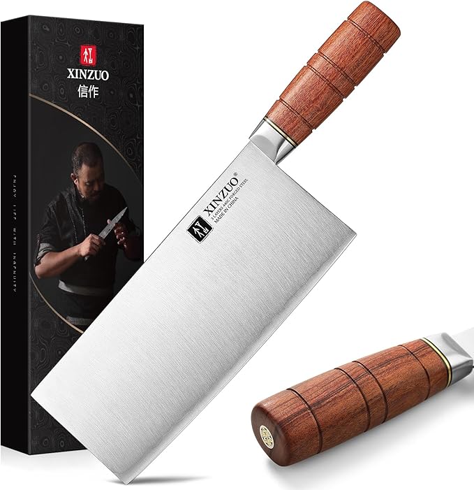 XINZUO 8.1 Inch Professional Chinese Chef Knife,440C Steel Core,Sharp Stainless Steel Vegetable Cleaver Meat Kitchen Square Knife For Precision Slicing, Dicing,Asian Cuisine With Red Wood Handle