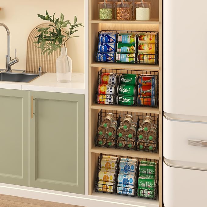 2-Tier Stackable Can Organizer for Pantry Shelves, 2 Pack Soda Can Organizer with 4 Adjustable Dividers, Kitchen Can Storage Organizer, Wire Drink Organizer, Metal Can Dispenser for Cabinets Shelf