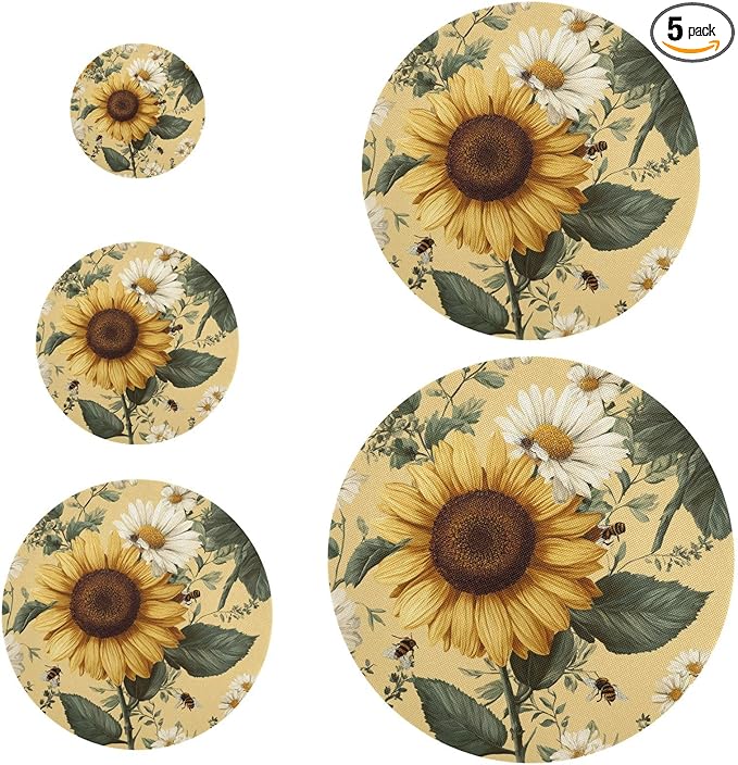 5 Pcs Bowl Covers Reusable in 5 Size Elastic Food Cover Cloth Lids Fresh Keeping Dish Cookware Bakeware Fabric Covers Lids for Food Leftovers Fruits Storage Yellow Sunflowers and Daisies