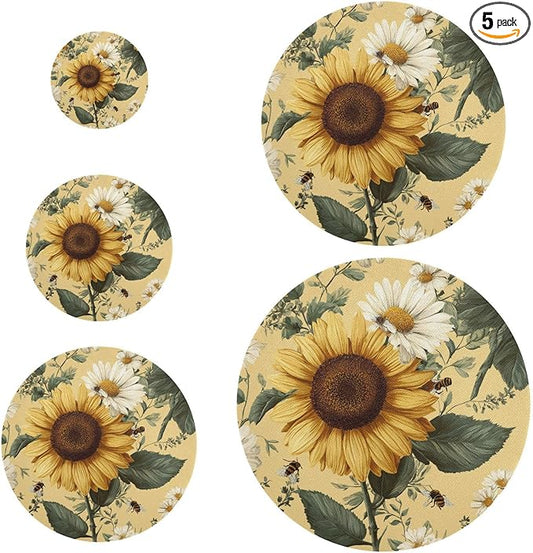 5 Pcs Bowl Covers Reusable in 5 Size Elastic Food Cover Cloth Lids Fresh Keeping Dish Cookware Bakeware Fabric Covers Lids for Food Leftovers Fruits Storage Yellow Sunflowers and Daisies