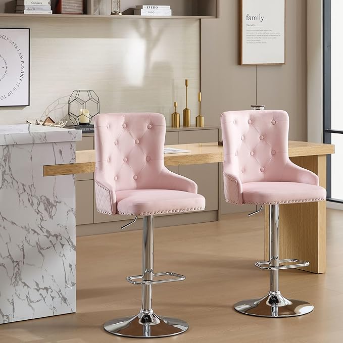 Velvet Lion Bar Stools Set of 4, Modern Height Adjustable Swivel Barstools with Chrome Base, Tufted Counter Height Bar Stools Upholstered Bar Chairs for Kitchen Island, Dining Room, Pink