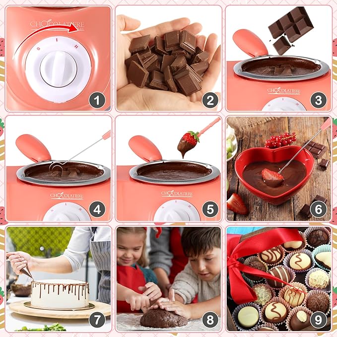 Umigy Electric Melting Chocolate Pot Gift Set Mini Fondue Fountain Pot Kit Chocolate Melting with DIY Mold and Accessories for Candy Chocolate Milk Cheese Candy Home (Pink,Double Furnace)
