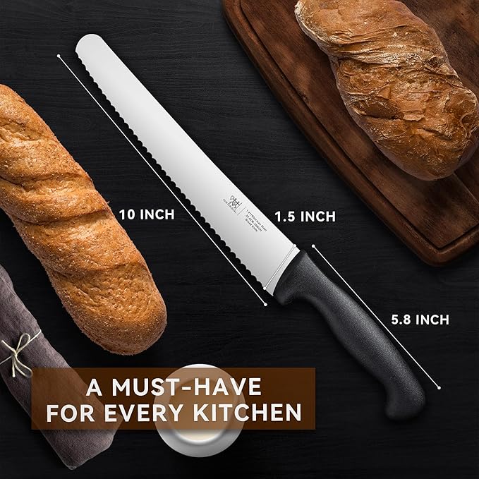 Bread Knife, 10 inch Serrated Sourdough Slicer Cutter for Homemade Bread, 1.4116 German Steel, Ergonomic Anti-slip Handle (Black, 10 inch)