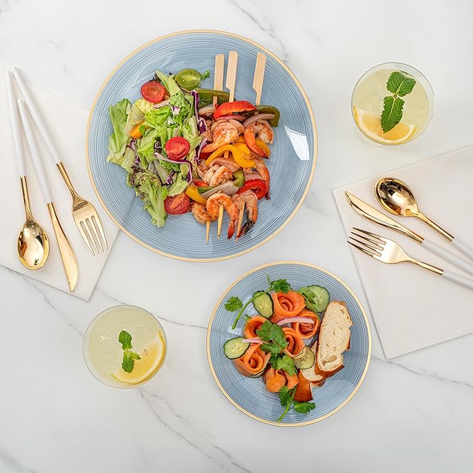Restaurantware Plastic Plates 40 Pcs 7.13" and 10" Combo Gold Rimmed Plate Set Disposable Heavy-Duty Blue Translucent Rippled Plastic Dinner Servers for Party, Weddings, Salads, Desserts
