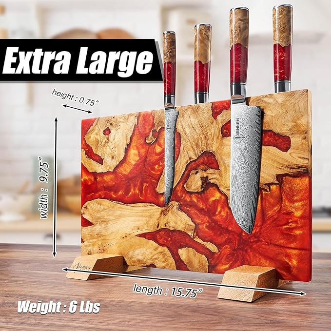 SENKEN "Red Tsunami" Extra Large Magnetic Knife Block - Holds Up to 16 Knives - Knife Block without Knives, Universal Knife Holder, Beautiful Red Resin & Natural Wood Blend ("Crimson" Red Resin Blend)